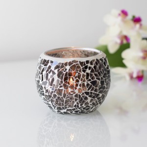 CRACKLE GLASS CANDLE HOLDER IN GUNMETAL GREY